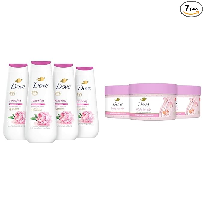 Dove Body Wash 4 Count Renewing Peony and Rose Oil and Body Scrub 3 Count Himalayan Salt & Rose Oil