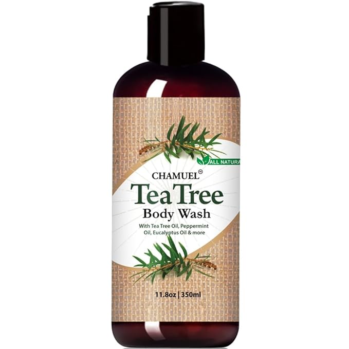 Chamuel Tea Tree Antibacterial Body Wash with Peppermint & Eucalyptus Oil - Natural Daily Shower Gel for Itchy Skin, Body Odor & Foot Care for Men & Women, Non-GMO (11.8oz)