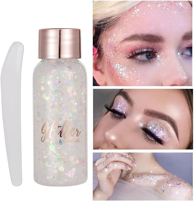 Mermaid Sequins Chunky Glitter Liquid Eyeshadow Glitter Body Gel Festival Glitter Cosmetic Face Hair Nails Makeup Long Lasting Sparkling 30g (#101 Colorful White)
