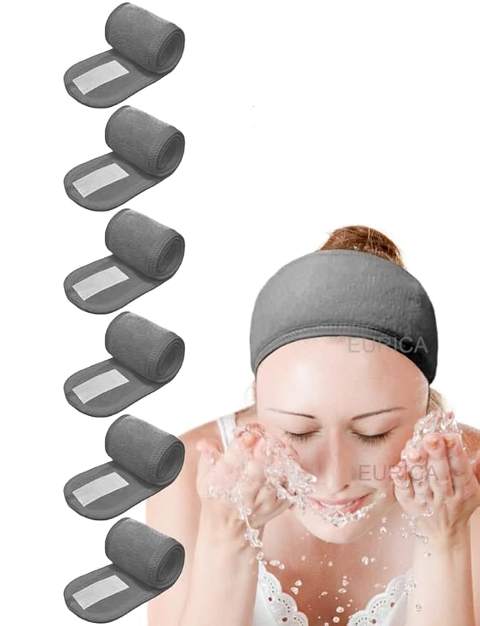 EUICAE Hair Wrap Headband, 6 Pack Non-slip Stretchable Washable Makeup Headband for Face Wash Facial Treatment Sport Fits All, Thicker Soft Terry Cloth Absorbs Liquid Quickly, Gray