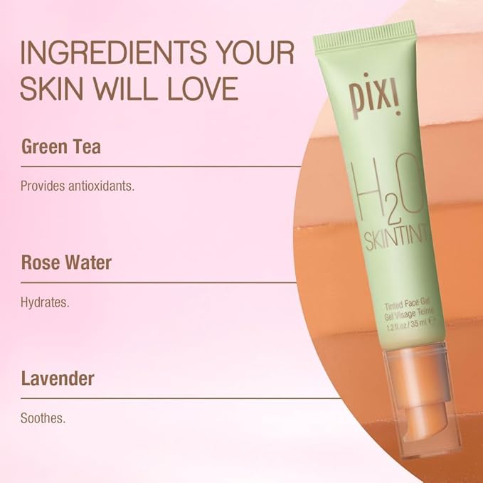 Pixi H2O SkinTint | Tinted Face Gel Moisturizer | Lightweight Hydrating Coverage with Hyaluronic Acid | Evens Skin Tone & Reduces Redness | Oil-Free Dewy Finish | Chai | 1.2 fl oz