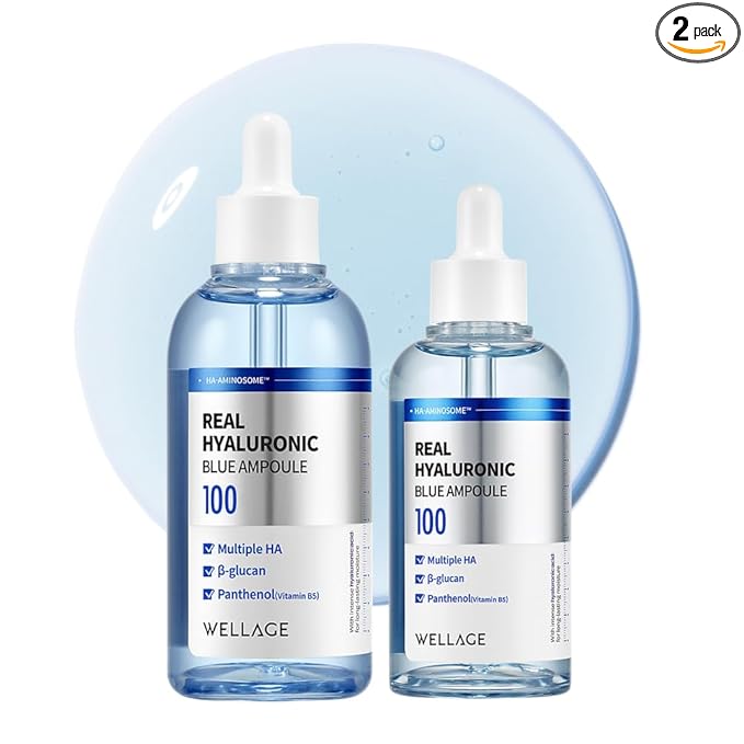 WELLAGE Real Hyaluronic Blue Ampoule 100, Korean Hydrating Serum for Face, Skin Firming Hyaluronic Acid Serum with Panthenol for Sensitive Skin, (3.38Fl.oz + 2.53Fl.oz)