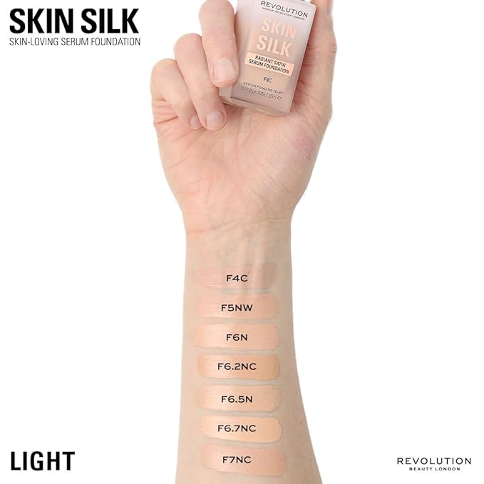 Revolution Skin Silk Radiant Satin Serum Foundation, Buildable Coverage with Hydrating Hyaluronic Acid for a Natural Finish, Vegan & Cruelty-Free, F6N Light Skin Tones, 0.77 fl oz
