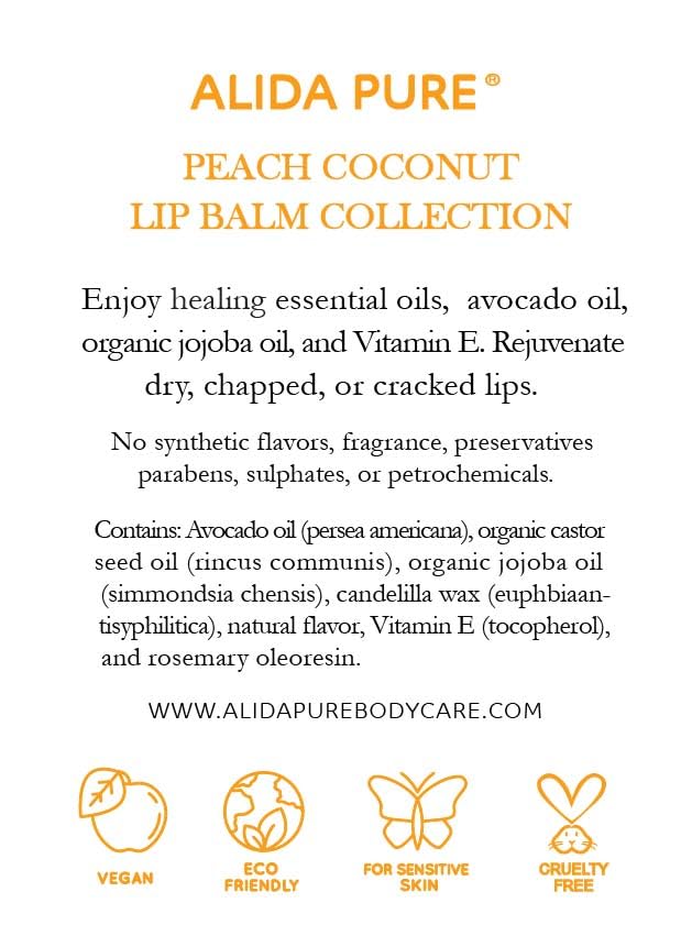Peach Coconut Lip Balm Collection, Vegan Set, Beeswax Free, with Organic Jojoba and Avocado Oil, Vitamin E, Natural Moisturizer for Dry, Chapped Lips, 3 Tube Set