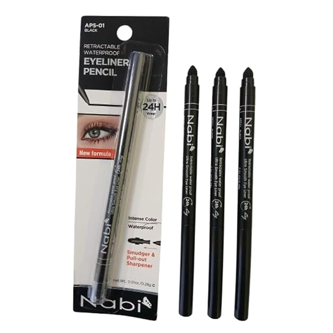 Nabi 3 Pieces Gel Glide Eyeliner Water Proof, Ultra Smooth Up To 24 Hour Wear, Smudge Proof Built In Sharpener & Smudger,Packaging May Vary (VALUE PACK-Black)