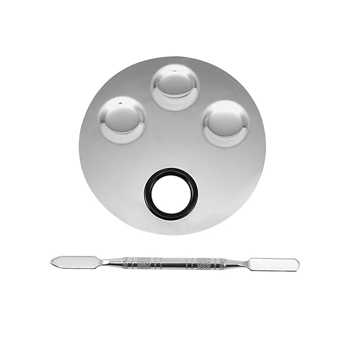1Set of Round 4 Hole Stainless Steel Mixing Palette With Spatula For Nail Eye Shadow Eyelash Pigment Blending Foundation (Round 4 hole color palette)