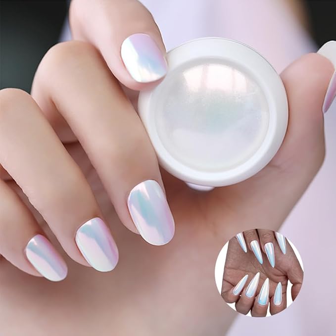 1 Box Mermaid Chrome Nail Powder Iridescent Aurora Chrome Pigment Powder for Nail Art, White Unicorn Pearl Nail Powder Mirror Effect Nail Art Decoration