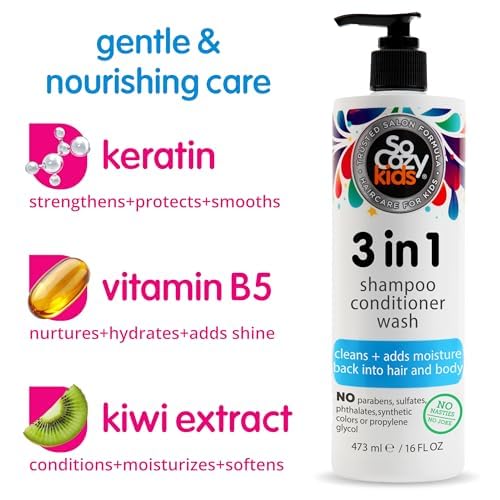 SO COZY Kids 3-in-1 Shampoo, Conditioner & Body Wash - All in 1 Shower & Bath Shampoo, Conditioner & Soap Combo - Cleanses & Moisturizes w/No Parabens, Sulfates, Synthetic Colors or Dyes (10.5 fl oz)