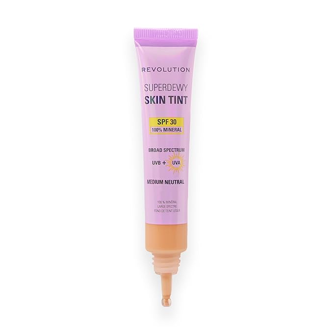 Revolution Superdewy SPF 30 Skin Tint, Tinted Mineral Face Foundation, Buildable Coverage for Facial Glow, 12% Zinc Oxide, Vegan & Cruelty-Free, Medium Neutral