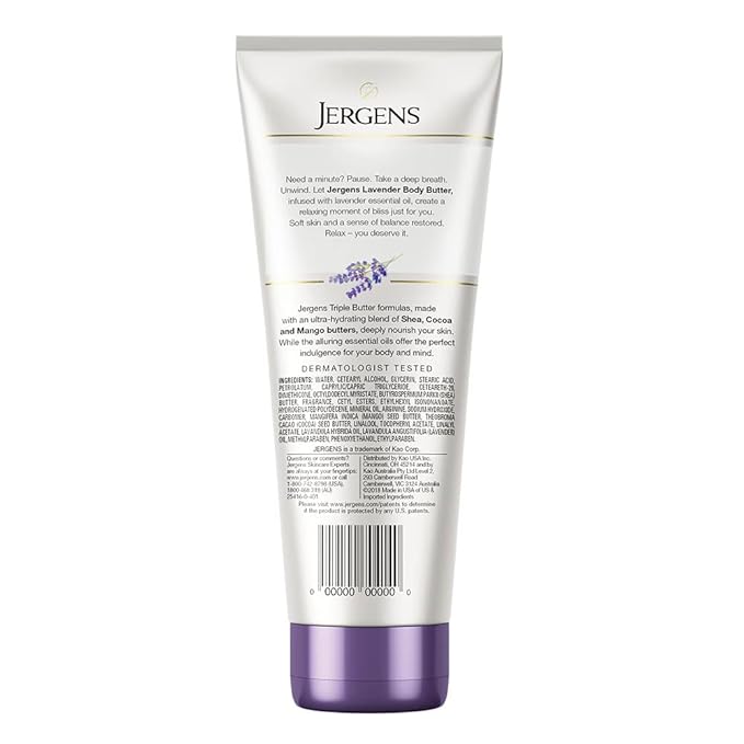 Jergens Lavender Body Butter Hand and Body Lotion, Moisturizer for Women, with Essential Oils for Indulgent Moisturization, 7 Oz (Pack of 5)