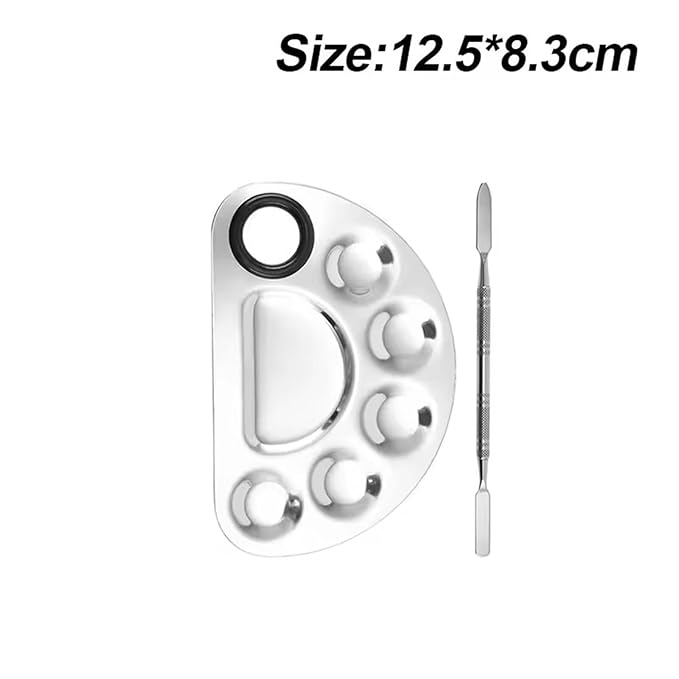 1Set of Semicircle 6-Dents Steel Nail Polish Cosmetic Makeup Blending Color Palette with Spatula, Painting Plate with Rod for Beauty Nail Art Salon Tool (Semi-circle six concave color palette)