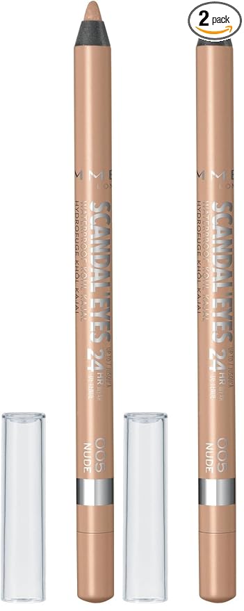 Rimmel London Scandaleyes Waterproof Kohl Kajal Eyeliner Pencil, Intense Color, Long-Wearing, Smudge-Proof, 005, Nude, 0.04oz (Pack of 2)