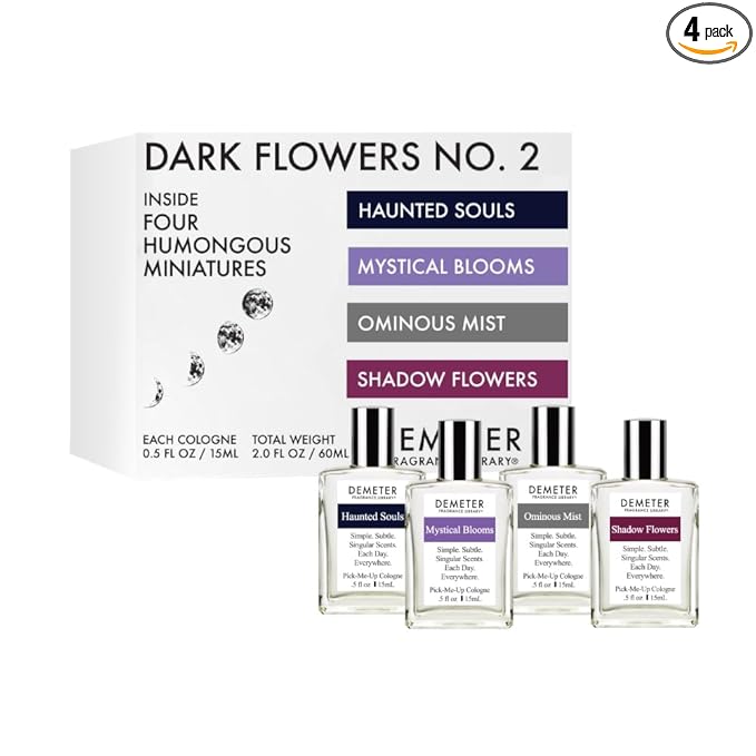 DEMETER Dark Flowers No. 2 Humongous Miniature Set of 4 Colognes, Haunted Souls - Mystical Blooms - Shadow Flowers - Ominous Mist, Perfumes for Women, 0.5 Oz Each