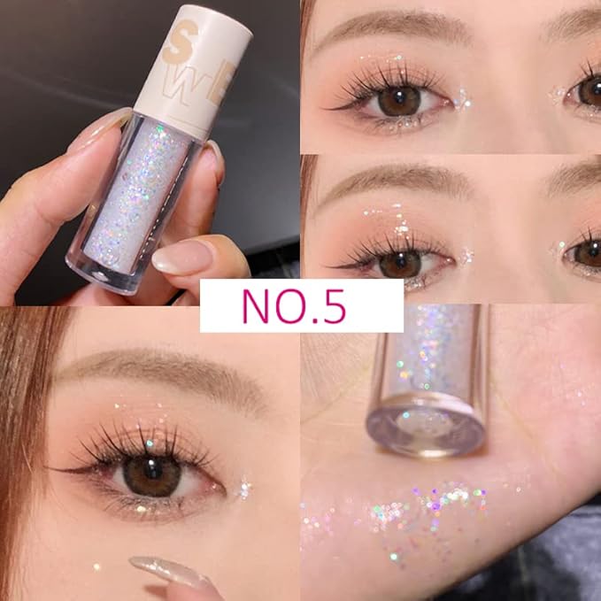 Aolailiya 5pcs Liquid Glitter Eyeshadow set- Sparkling Metallic High Pigmented Glitter Eye Shadow Korean Crystals Makeup, Quick Drying Long Lasting Creates High-Impact Multi Dimensional Eye Looks