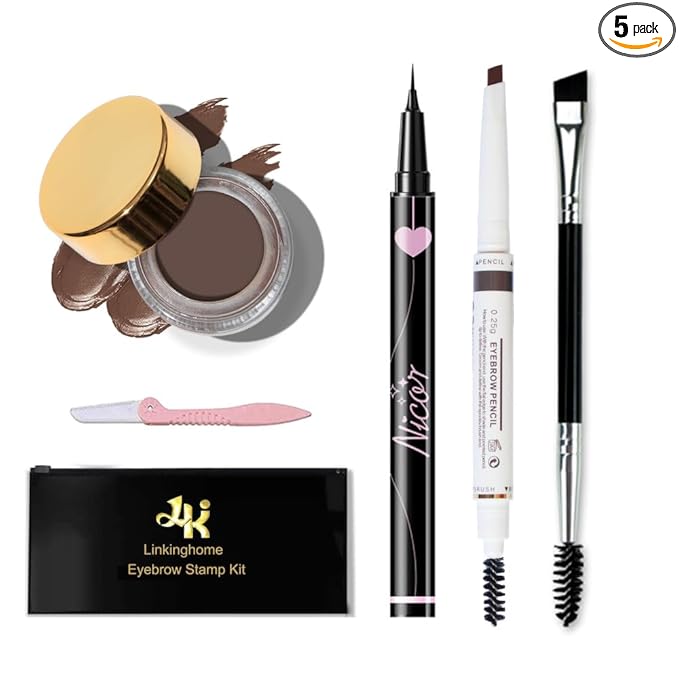 Upgraded Eyebrow Stamp Pencil Kit - Waterproof Eyebrow Pen, Black Eyeliner, Pomade, Customized Blade Brush and Razor