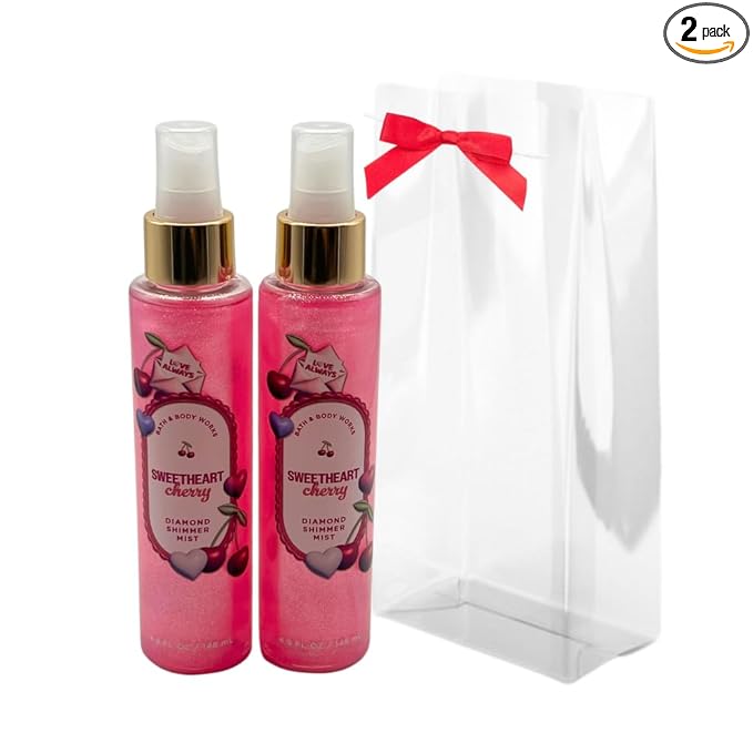 Bath & Body Works SWEETHEART CHERRY Diamond Shimmer Mist for Women 2-piece Set with a Red Bow for Holidays – 4.9 fl oz each