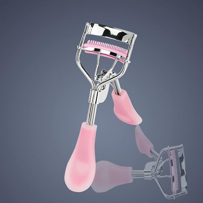 MERVK Stainless Steel Eyelash Curler with Built-in Comb Pinch Pain-Free Suitable for Any Eye Shapes and Sizes, with 5 Silicone Refill Pads (Hazy Pink)