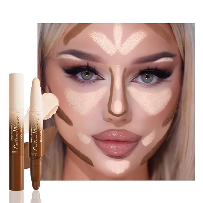 FeiCuiYun Dual-Ended 2-in-1 Cream Contour & Highlighter Stick Makeup For Face & Body – Waterproof, Long-Lasting, Suitable for All Skin Tones, 01#Nuetral Nude + Beige