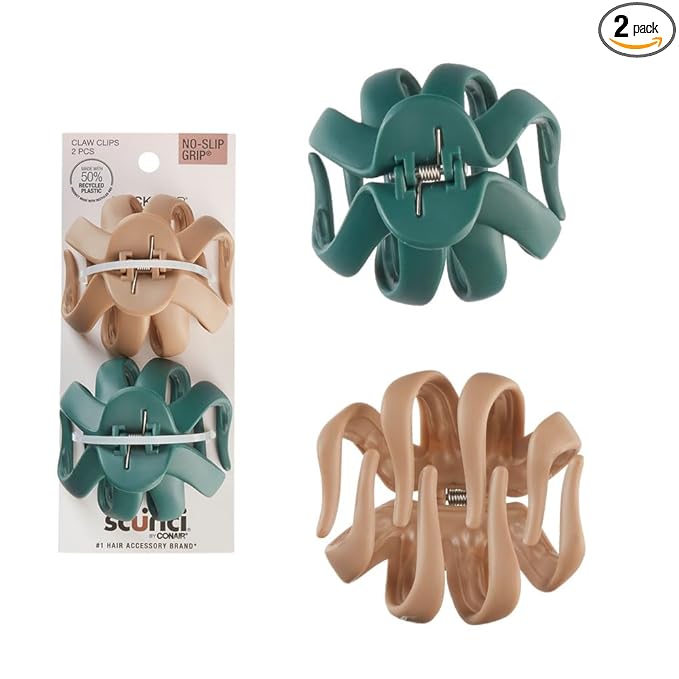 Scunci by Conair jaw claw clips - hair accessories for women - claw clips for thick hair - claw clip - Octopus Clip - Beige & Green -2 Count