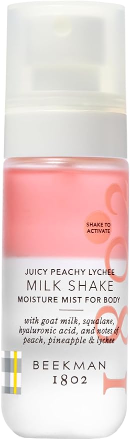 Beekman 1802 Milk Shake Hydrating Body Mist – Alcohol-Free Moisture with Goat Milk, Hyaluronic Acid & Squalane, Lightweight Skin Softening Spray for Sensitive Skin – Juicy Peachy Lychee, 2 Fl Oz