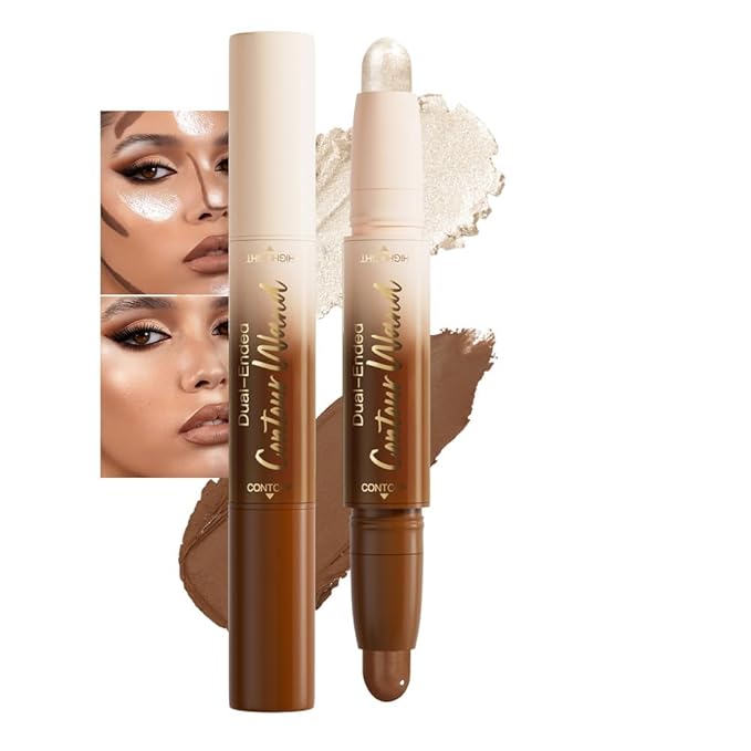 Dual Ended Contour Stick, Neutral Nude + Silver Shimmer Cream Concealer Highlighter, Waterproof No Transfer Long-Lasting 2-in-1 Face Contour Bronzer Stick for Daily Makeup 25#