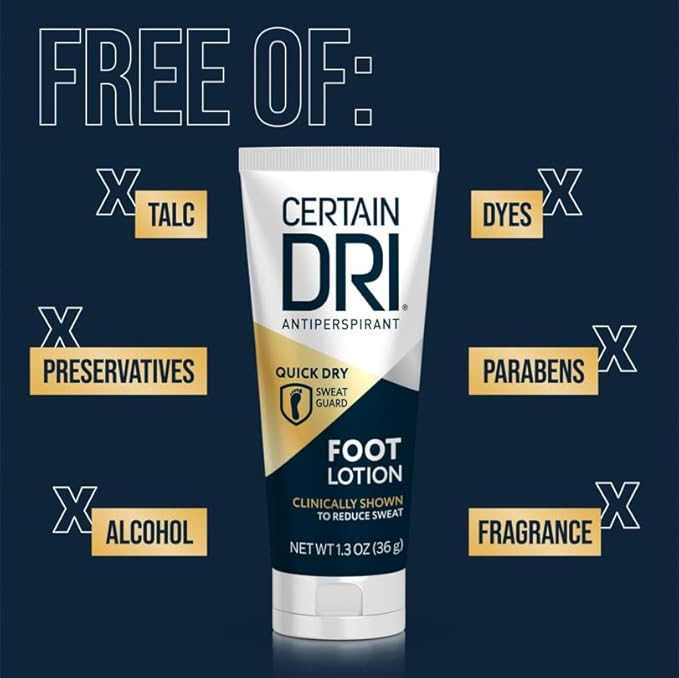 Certain Dri Antiperspirant Foot Lotion, 24-Hour Sweat & Odor Protection, Quick-Drying & Non-Sticky Formula, Dermatologist-Tested, Doctor-Recommended, 1.3 oz