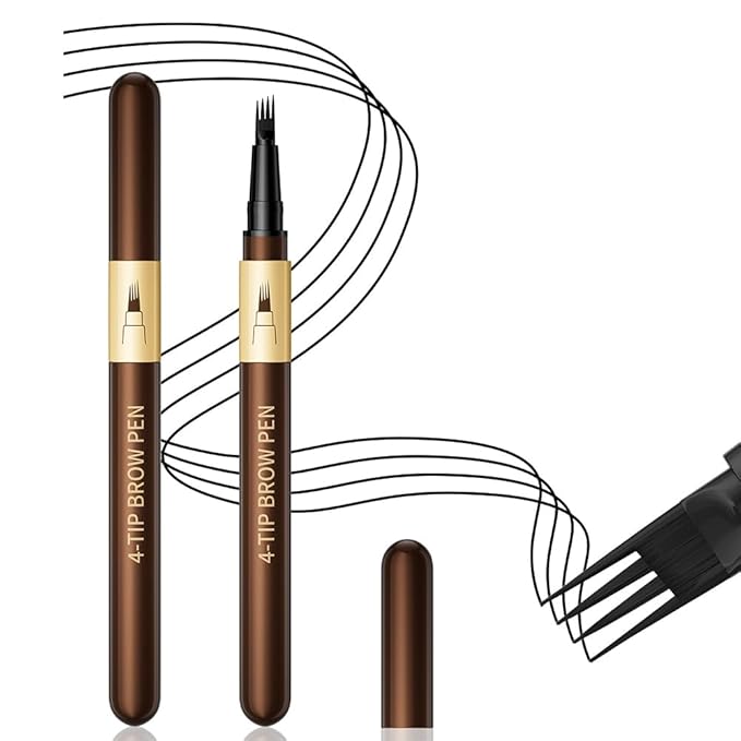 2Pcs 4-Tip Microblading Liquid Eyebrow Pen, Creates Natural Hair-Like Strokes, Waterproof Long-Lasting Smudge-Proof Brow Pen, Light Brown Eyebrow Pencil for Women (Black)