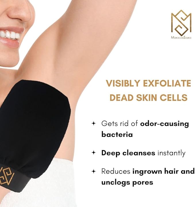 Exfoliating Glove Kessa Mitt Body Scrubber – Dead Skin Remover Shower Glove for Deep Pore Cleansing, Black Soap, and Moisturizer by Moroccan Source – 3 Piece Spa Set Kit