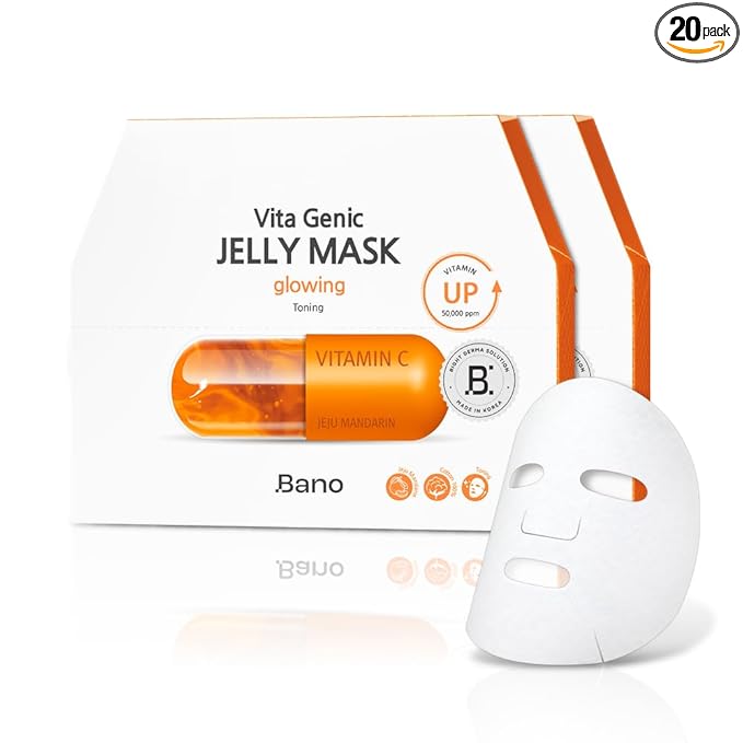 Bano Vita Genic Jelly Face Glowing Mask 10EA – Hydrating Sheet Mask for Sensitive Skin, Korean Glass Skin Care with Vitamin C, Biotin & Niacinamide, Fragrance-Free, Pack of 2