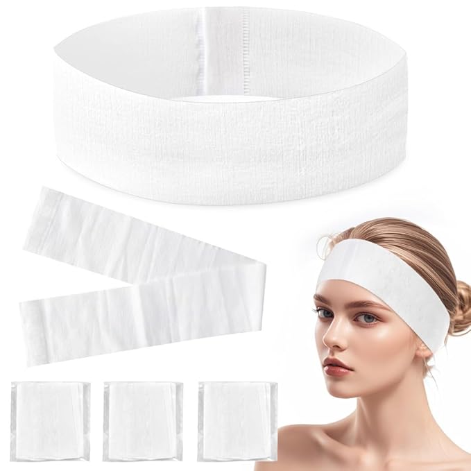 Clucycia 100PCS Disposable Headbands Spa Facial Hair Bands Elastic Non-woven Headband with Magic Tape Stretch Soft Skin Care Hair Band with Straps for Salons Supplies White