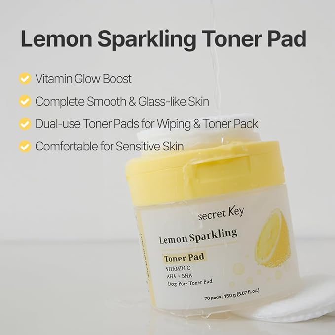 SECRETKEY Lemon Sparkling Toner Pads, Lemon & Vitamin C with AHA and BHA, For Radiant-Looking and Hydrated Skin, Daily Facial Pads for Dull Skin and Pores, Korean Skincare (6.00 oz / 170g)