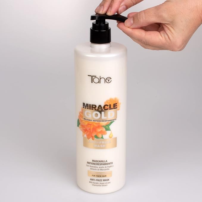 Tahe Miracle Gold Anti-Frizz Mask for Thick Hair with Keratin, Argan Oil, and Chamomile Extract, 1000ml