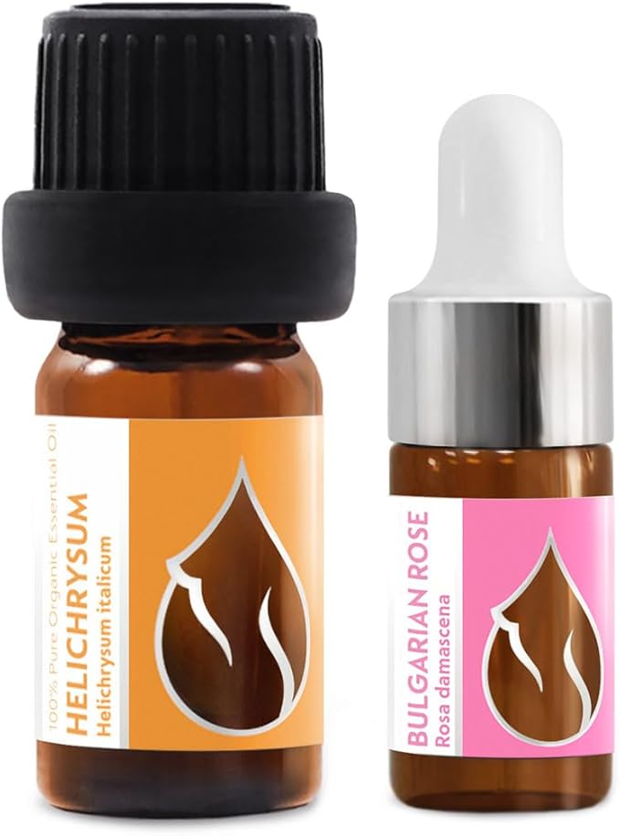 Set Luxury Organic Essential Oils | Helichrysum (5ml) + Rose (3ml) | 100% Pure and Natural | Undiluted | Therapeutic Grade | Family-Owned Farm | Steam-Distilled | Non-GMO | 2 pcs