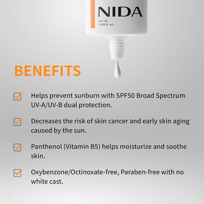 NIDA Invisible Fit Sunscreen SPF 50 Broad Spectrum UV-A/UV-B Protection | No White Cast, Low Irritation, Hydrating Lotion-like Lightweight Glow Sunscreen for All Skin Types | 1.69 fl. oz., 50ml