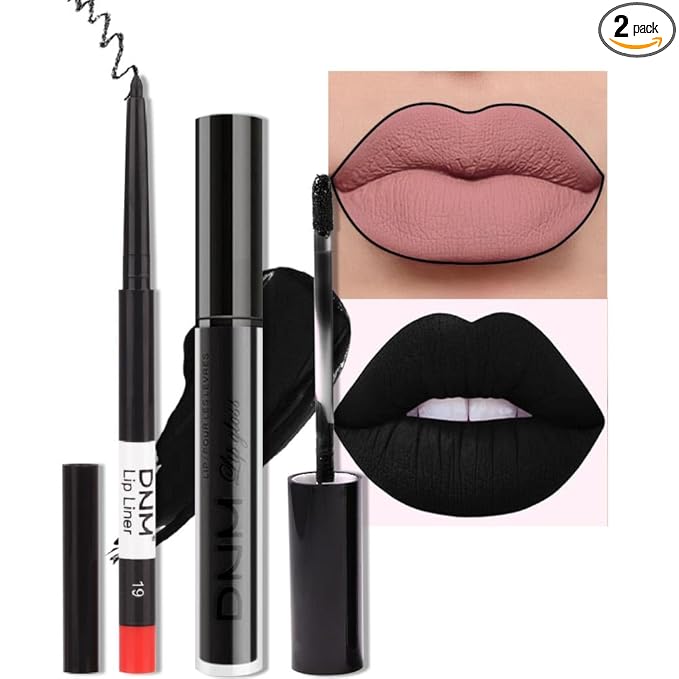 evpct 2Pcs Black Matte Liquid Lipstick and Lip Liner Gloss Stain Pencil Makeup Set Long Lasting Dark Matte Lipstick 24H and with Lip Liner Set for Black women labiales mate 24 horas originales 19#