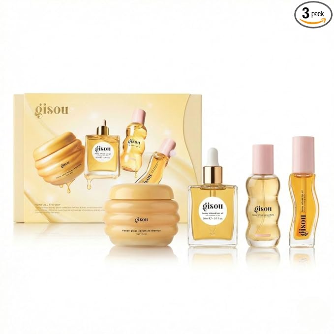 Gisou Glow All The Way Hair & Lip Gift Set: Lip Oil, Hair Mask, Oil & Perfume