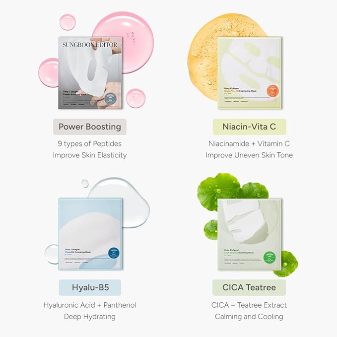 SUNGBOON EDITOR Deep Collagen Starter Kit for Glass Skin, Elasticity, Moisturizing, Calming, Uneven Skin, Overnight Face Mask, Korean Skin Care, 37gx16ea, Gifts for Women