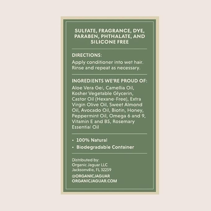 Organic Jaguar All Natural Unscented Conditioner for Hair Care, Sulfate Free Conditioner with Vitamin E, Castor, Argan and Almond Oil, Rosemary and Peppermint Scent, For All Hair, 13.5 fl oz