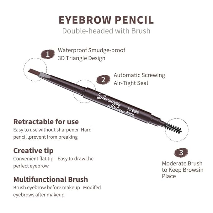 12pcs Dark Brown Waterproof Eyebrow Pencils for Women, Retractable Dual-End Eye Brow Pencil with Brush, Triangular Tip Design, Easier to Define and Fill in Eyebrows for Natural Brow Shape