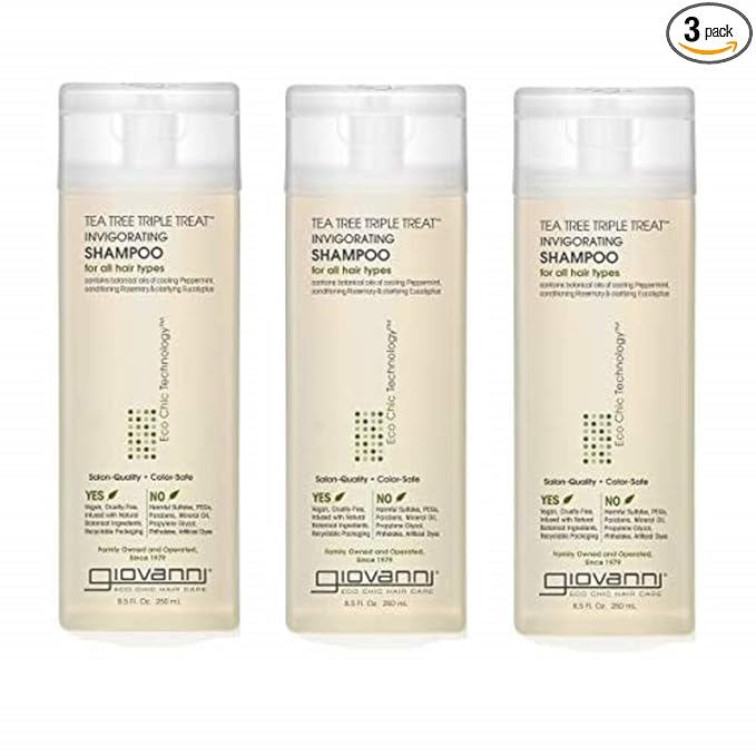 GIOVANNI Tea Tree Triple Treat Invigorating Shampoo - Cooling Peppermint, Eucalyptus & Rosemary, Strengthen & Rejuvenate Hair & Scalp, Salon Quality, Paraben Free, Tea Tree Shampoo - 8.5 oz (3 Pack)
