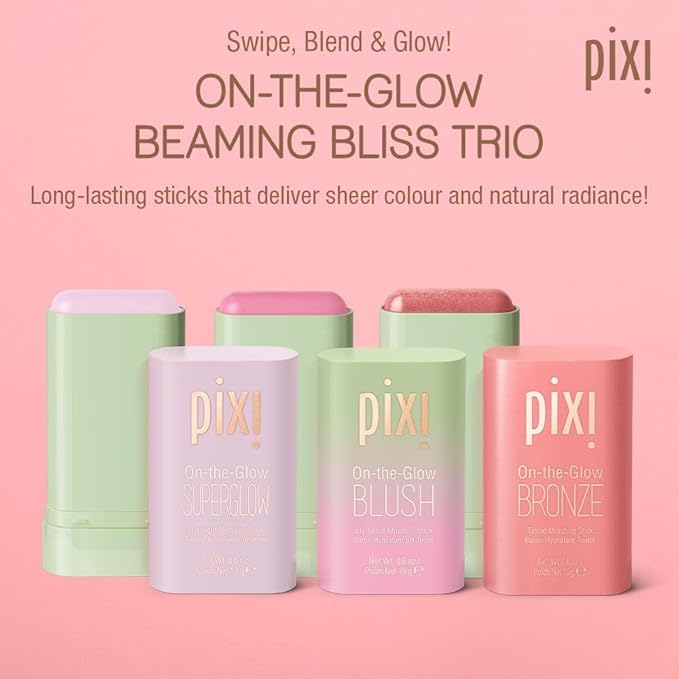 Pixi Beauty Beaming Bliss On-the-Glow Trio | Hydrating Tinted Moisture Stick Blush, Bronzer, and Highlighter Set | Travel Size, Vegan, and Paraben-Free