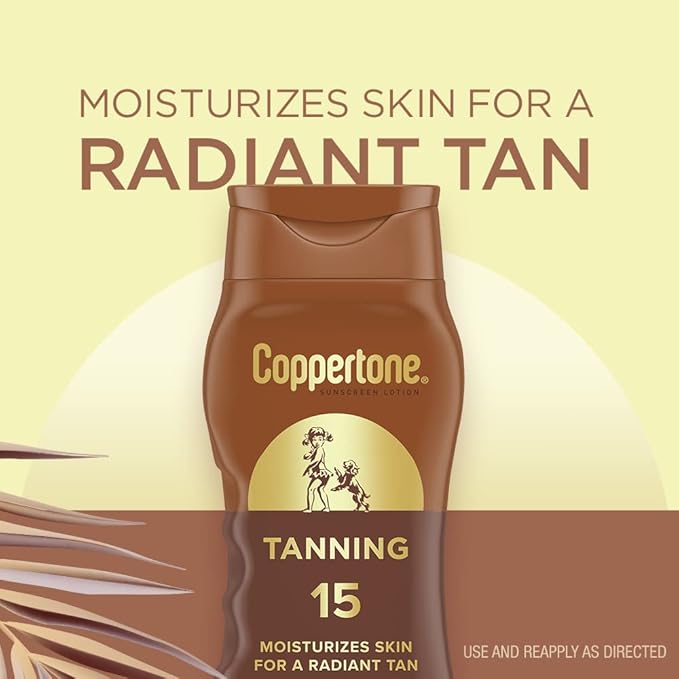 Coppertone Tanning Sunscreen Lotion, SPF 15, Broad Spectrum, Water Resistant | Vitamin E Enriched | Free of Harmful Chemicals | 16 Fl Oz | Pack of 2