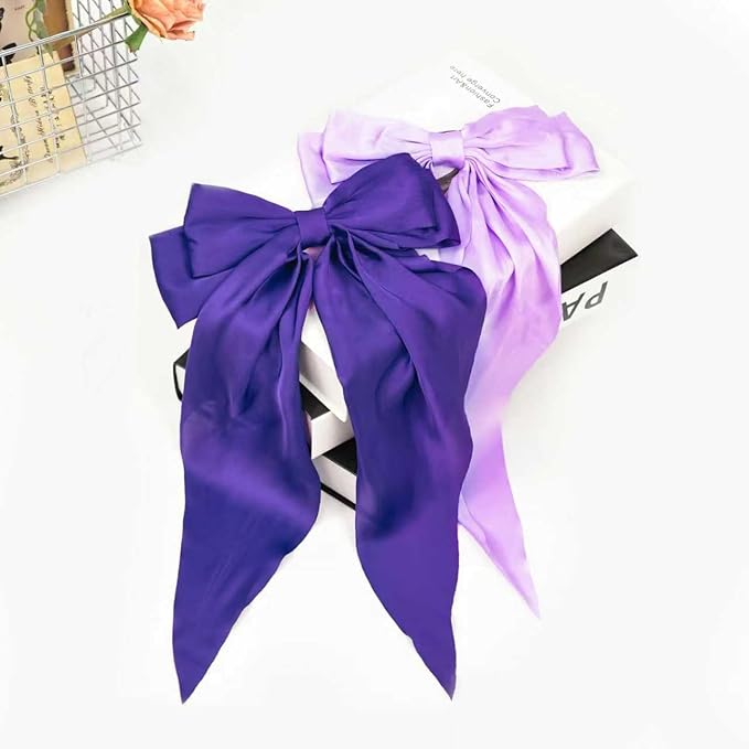 2Pcs Hair Bows For Women, Silky Ribbons Hair Women's Oversized Bow Metal Spring Clips Temperament Beautiful Hair Accessories Gift （2Pcs，Light purple/dark purple）