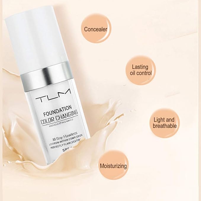 2PCS TLM Colour Changing Foundation - Flawless Coverage, Lightweight Formula, Adapts to Skin Tone, Hides Wrinkles & Lines, Hydrating & Long-Lasting, BB Cream Makeup Base Concealer Cover