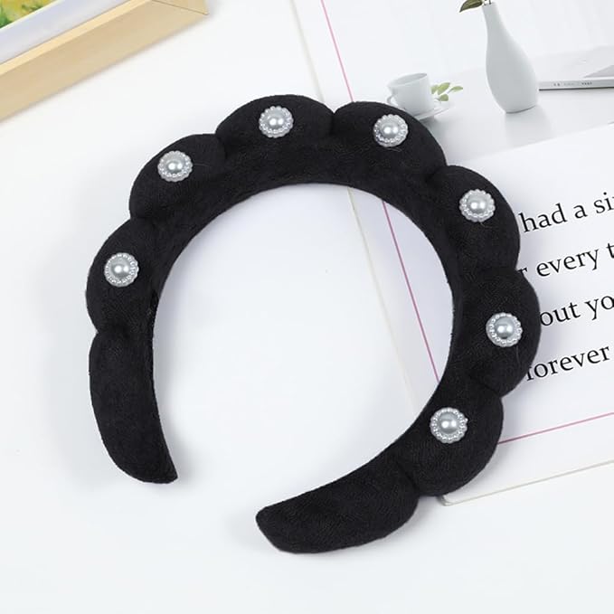 Spa Headbands Puffy Makeup Skincare Headbands for Washing Face or Facial, Terry Cloth Fabric Hairbands for Makeup Removal Shower Skin Treatment(Black, Pearl)