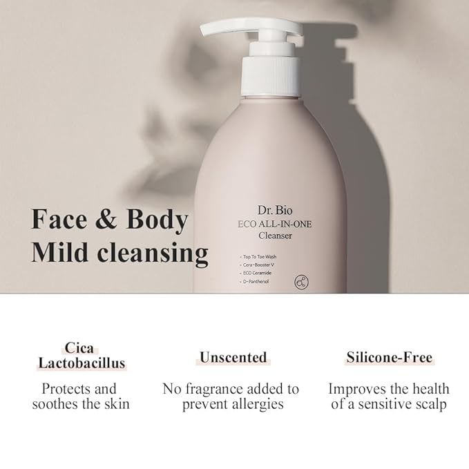 Dr.Bio Eco All-in-One Cleanser, Face & Body Wash for Sensitive Skin with Ceramide, Probiotics & Cica, Vegan, Fragrance-Free, Mild Gentle Hydrating Cleanser, Hypoallergenic Korean Skincare