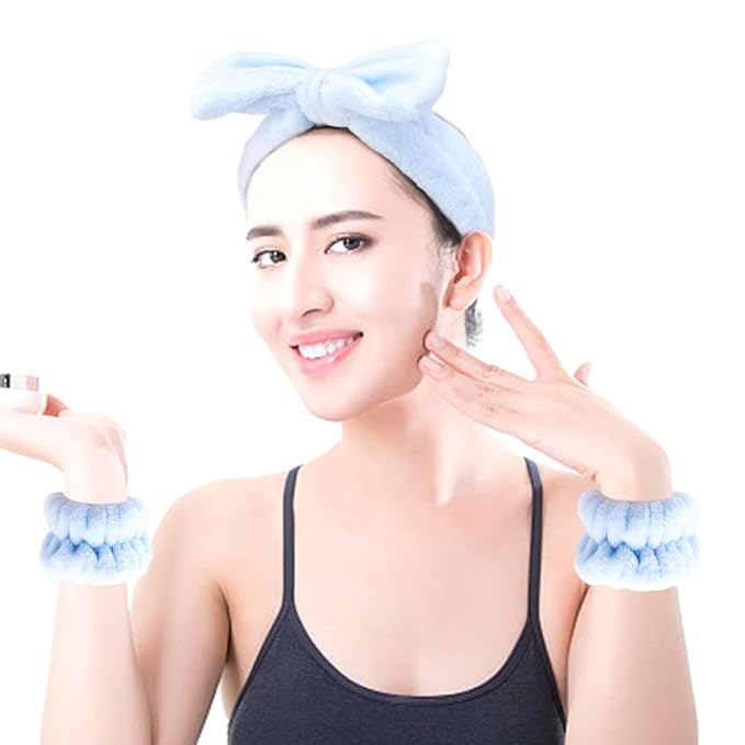 AOPRIE SPA Headbands for Washing Face Makeup Headbands with Bow Hair Band Women Facial Head Band Wrist Towel Wraps Venus Shower Face Mask Blue, 6 Pack