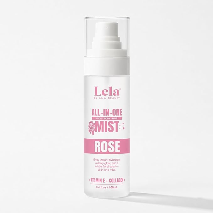 Lela Beauty All-In-One Rose Mist Hydrating Face, Body & Hair Spray with Vitamin E & Rose - Lightweight Travel Size Formula with Cooling Facial Mist for Glow & Refreshed Skin - 3.4fl oz