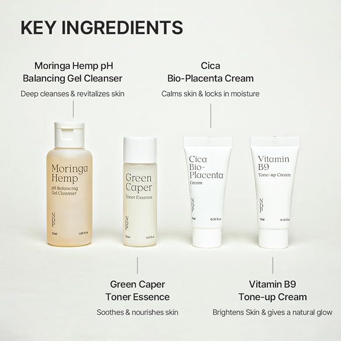 Natural Derma Project - Travel Kit - Mini Travel Size Skincare Essentials - Moringa Hemp Gel Cleanser, Green Caper Toner Essence, Cica Bio-Placenta Cream, B9 Tone-Up Cream (4 items)