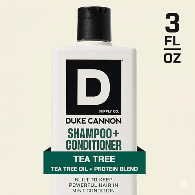 Duke Cannon 2-in-1 Shampoo and Conditioner for Men, Tea Tree, Hydrating Hair & Scalp Cleanser, Travel Size, 3 oz
